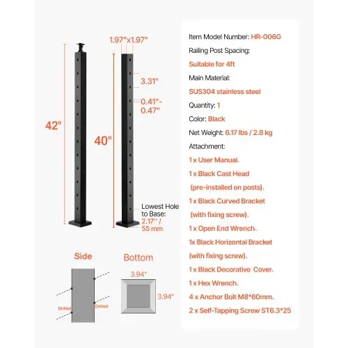VEVOR Kabelgeländerpfosten, 1067x50,8x50,8 mm, Kabel-Treppengeländerpfosten mit 30° vorgebohrten Löchern, SUS304 Edelstahl, für Handlauf, Balustraden, Schwarz, 1JZLGZXHS106W3XAA001V0 – Bild 6