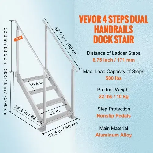VEVOR 4-stufige Badeleiter mit zwei Handläufen Bootsleiter 800x1850x1750mm Poolleiter aus Aluminiumlegierung Treppenleiter 250kg Tragfähigkeit 55x10cm Pedale Ideal für Häfen Boot Schwimmbäder – Bild 6