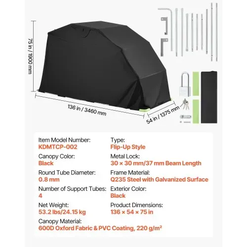 VEVOR Motorrad Zeltgarage, Motorrad Abdeckplane 3460x1375x1900 mm, Motorradgarage mit Sicherheitsschloss, 600D Oxford-Klappzelt, Allwetter-Motorradabdeckung mit Belüftungsfenstern, Schwarz – Bild 6