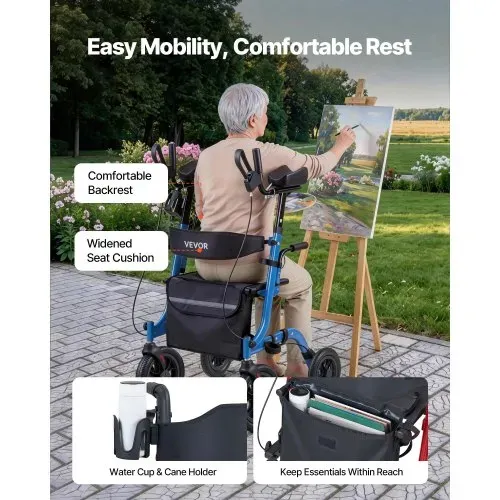 VEVOR Rollator Faltbar mit Sitz, Leichtgewicht Gehwagen mit 4 PU Reifen, Gehhilfe bis 136 kg mit Rückenlehne Tasche Gehstockhalter, Höheverstellbare Laufhilfe mit Feststellfunktion für Senioren, Blau – Bild 5