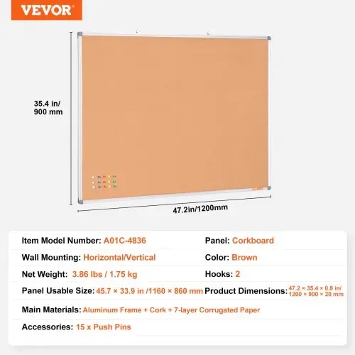 VEVOR 48"x36" Große Korktafel – Wandmontierte Pinnwand mit Pinnwand – Perfekt für Schule, Zuhause, Büro – Bild 6