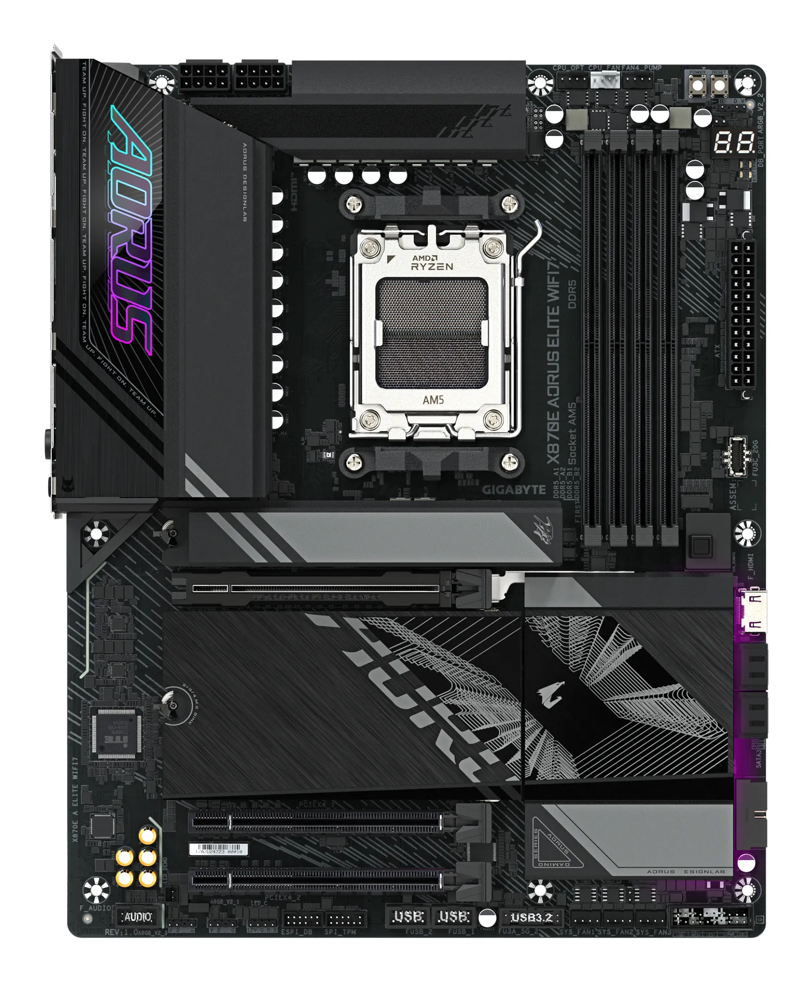 GIGABYTE X870E AORUS ELITE WIFI7 Mainboard - Unterstützt AMD Ryzen 9000 CPUs, 16+2+2 Phasen digitales VRM, bis zu 8000Hz DDR5 (OC), 3xPCIe 5.0 + 1xPCIe 4.0, Wi-Fi 7, 2.5GbE LAN, USB 4 – Bild 2