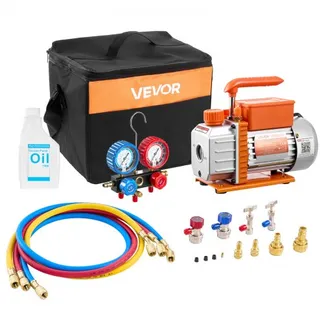 VEVOR Vakuumpumpe mit Manometer, 3,5 CFM 99 L/min, 180 W 1-stufige Drehschieber-Unterdruckpumpe, Vacuum Pump Kit für R134a, R22, R410a, R1234YF & R32, mit Tragetasche für Kfz-Klimaanlagen VEVOR Vakuumpumpe mit Manometer, 3,5 CFM 99 L/min, 180 W 1-stufige Drehschieber-Unterdruckpumpe, Vacuum Pump Kit für R134a, R22, R410a, R1234YF & R32, mit Tragetasche für Kfz-Klimaanlagen