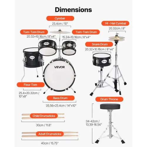 VEVOR Schlagzeug Set, 5-teilig, inkl. 35,6 cm Basstrommel, 20,3 cm Snare, 15,2 cm & 20,3 cm Tomtoms, 25,4 cm Standtom, 25,4 cm Crash-Becken & 20,3 cm-Hi-Hat, für Kinder von 6–13 Jahren (schwarz) – Bild 2