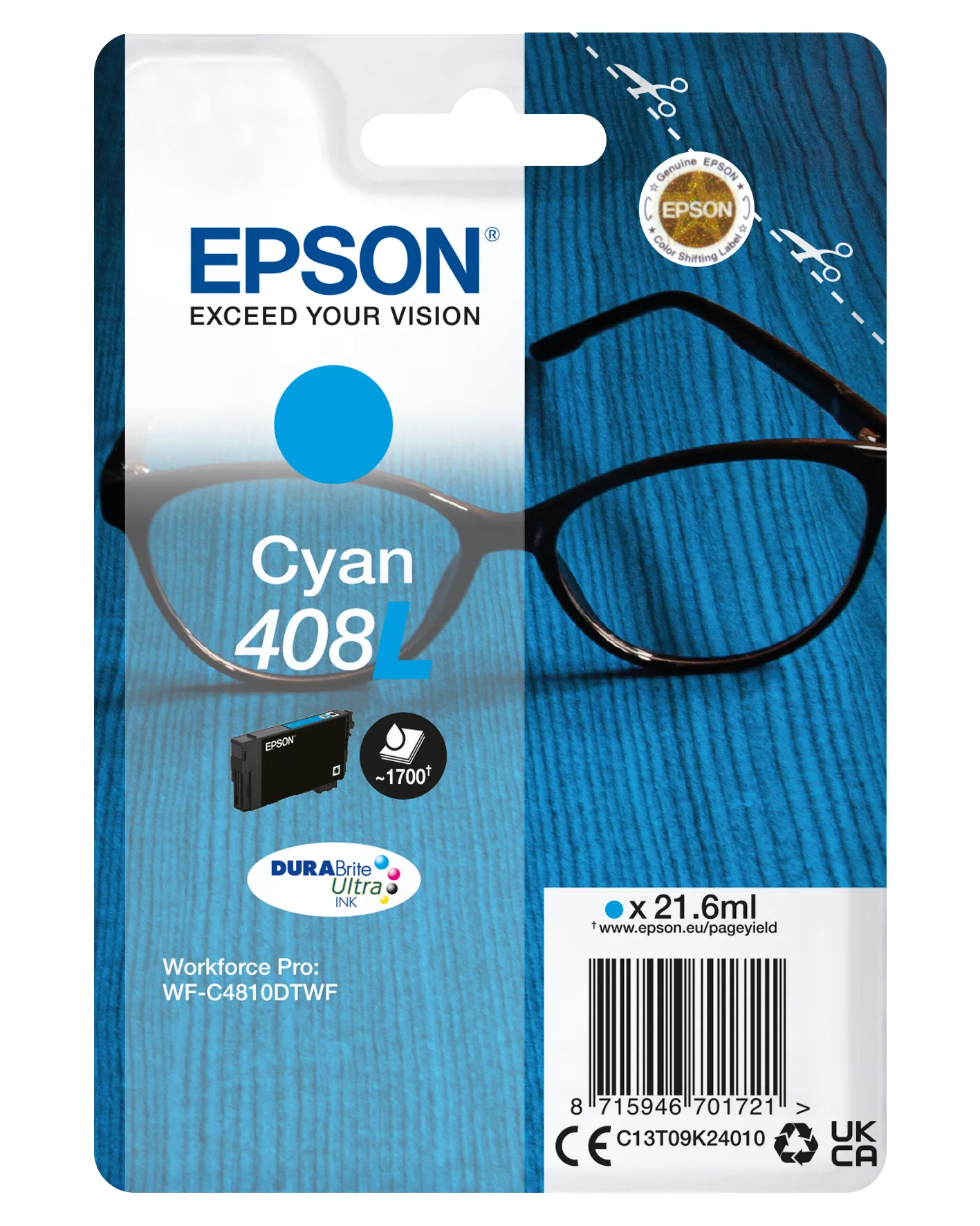 Epson Singlepack Cyan 408L DURABrite Ultra Ink Epson Singlepack Cyan 408L DURABrite Ultra Ink