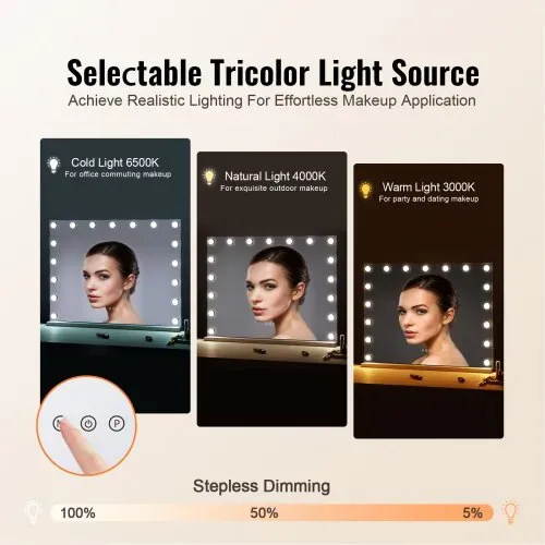 VEVOR Hollywood Schminkspiegel mit Beleuchtung, dimmbare Glühbirnen & 3 Farbbeleuchtungsmodi, Kosmetikspiegel mit abnehmbarer 5-facher Vergrößerung, USB, Typ C, Smart-Touch-Steuerung, 791x597mm VEVOR Hollywood Schminkspiegel mit Beleuchtung, dimmbare Glühbirnen & 3 Farbbeleuchtungsmodi, Kosmetikspiegel mit abnehmbarer 5-facher Vergrößerung, USB, Typ C, Smart-Touch-Steuerung, 791x597mm