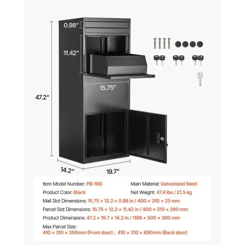 VEVOR Paketbriefkasten 1198x500x360 mm, Paketkasten mit Schloss, Paketbriefbox aus verzinktem Stahl mit Diebstahlschutzdesign, Packstation für Zuhause und das Büro, schwarz – Bild 6