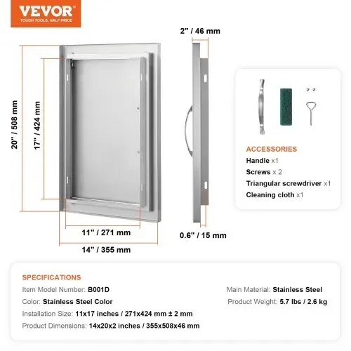 VEVOR Grill-Zugangstür, 355 x 508 mm, Einzelne Außenküchentür, Flächenbündig Montierte Edelstahltür, Vertikale Wandtür mit Griff, für Grillinsel, Grillstation, Außenschrank – Bild 6