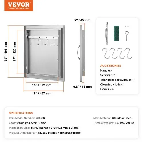 VEVOR Grill-Zugangstür, 457 x 508 mm, Einzelne Außenküchentür, Flächenbündig Montierte Edelstahltür, Vertikale Wandtür mit Griff und Haken, für Grillinsel, Grillstation, Außenschrank – Bild 6
