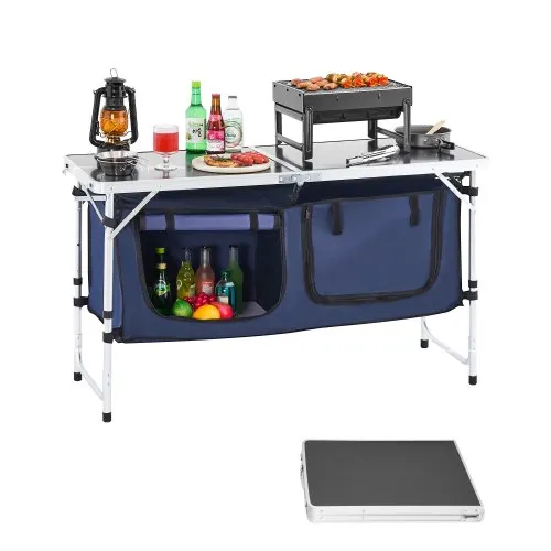 VEVOR Camping Küchentisch klappbarer Kochtisch Outdoor, 3-fach höhenverstellbar, tragbare Kochstation aus Aluminium mit Organizer & Tragegriff, für Grillpartys Picknicks Wohnmobilreisen Blau VEVOR Camping Küchentisch klappbarer Kochtisch Outdoor, 3-fach höhenverstellbar, tragbare Kochstation aus Aluminium mit Organizer & Tragegriff, für Grillpartys Picknicks Wohnmobilreisen Blau