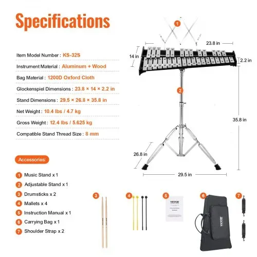 VEVOR Glockenspiel-Xylophon-Set mit 32 Tönen, professionelles Schlaginstrumenten-Set mit Schlägeln, Trommelstöcken, Notenständer, verstellbarem Ständer und Tragetasche für Schüler und Erwachsene – Bild 6