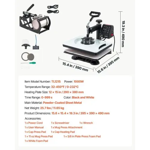 VEVOR Transferpresse 29x38cm 5-in-1 Sublimationsmaschine 1000W Heißpresse, Schnelles & Gleichmäßiges Aufheizen Digitale Zeit- & Temperaturregelung, für T-Shirts, Tassen, Becher, Kappen, Teller – Bild 6