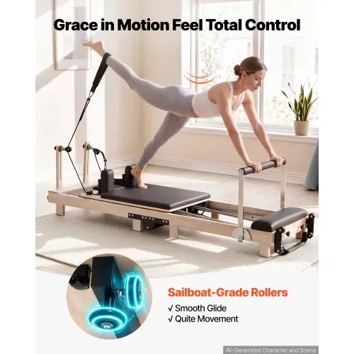 VEVOR Pilates Reformer Gerät Klappbar 2310 x 680 x 755 mm Gummibaumholz für Heimgebrauch & Fitnessstudio, mit Jumpboard, Sitzbox, Verstellbarer Kopfstütze und Leisem Schlittenlauf, 181 kg Belastbar – Bild 4