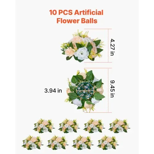 VEVOR Kunstblumen, 10 Stück, 240x240x120 mm, künstliche Blumenkugeln, Seidenrosen, Rosenarrangements für Hochzeiten, Partys, Tischdekorationen und Wohndeko, Champagnerfarbene & weiße Rosen – Bild 2