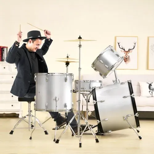VEVOR Schlagzeug, 5-teilig, Drum in voller Größe mit Bass-/Tom-Drums, Snare, Standtrommel, verstellbaren Thronständern, Becken, Hi-Hat-Pedal und Drumsticks, Anfänger-Schlagzeug, Silber – Bild 7