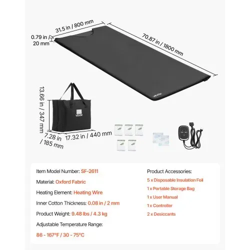 VEVOR Infrarot-Saunadecke 180x80cm Tragbare Infrarotdecke 500W Schwarz, Wärmedecke für Schwitzen Entspannung Detox, 30-75°C Temperaturregelung, 20-60min Timer, aus Oxford-Gewebe, mit Tragetasche – Bild 6
