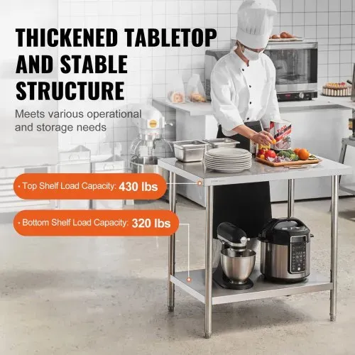 VEVOR Zubereitungstisch aus Edelstahl, 61 x 91 x 86 cm, 340 kg Tragkraft, robuster Metall-Arbeitstisch mit 3 einstellbaren Höhenstufen, gewerbliche Arbeitsstation für Küche, Garage, Restaurant, Hinter – Bild 2