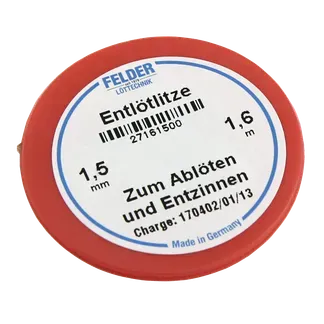 Entlötlitze FELDER, 1,50mm, mit halogenfreiem Flussmittel getränkte Kupferlitze, 1,60m Spule Entlötlitze FELDER, 1,50mm, mit halogenfreiem Flussmittel getränkte Kupferlitze, 1,60m Spule