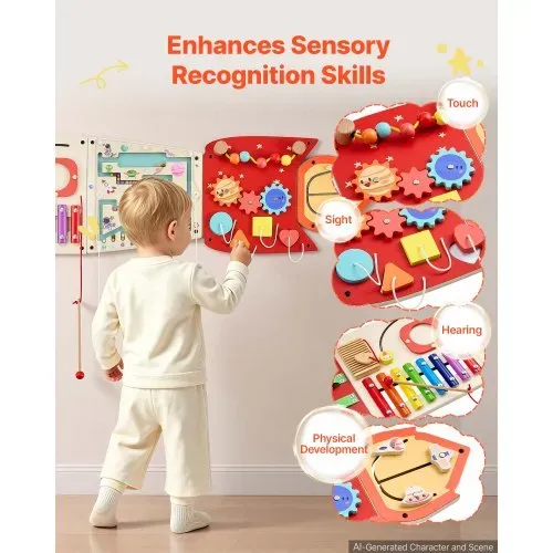 VEVOR Montessori Busy Board 13-in-1 Sensorisches Wandmotorikbrett Rakete, Motorikspielzeug zur Bildung & Frühe Entwicklung für Kita Heim, aus MDF-Platten, mit Xylophon Uhr Zahnrädern & Lernelementen – Bild 2