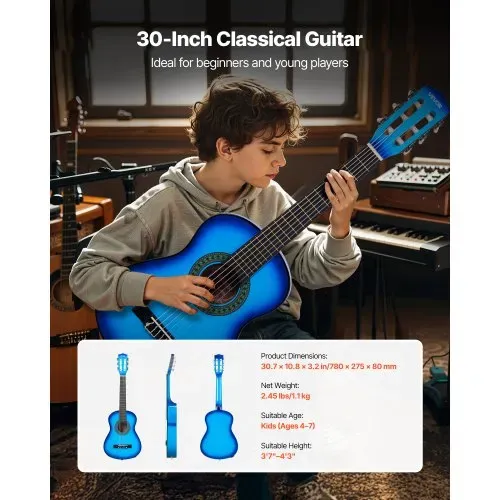 VEVOR Konzertgitarre, 780 mm, Holz-Klassikgitarren-Starter-Set für Anfänger, mit Nylonsaiten, Gigbag, Gurt, Stimmgerät, zusätzlichen Saiten, Plektren, Kapodaster, Linde, für Einsteiger, Blau – Bild 5