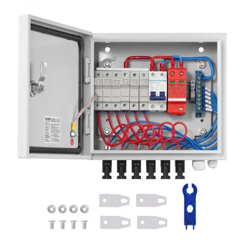 VEVOR PV-Combiner-Box, 6-String, Solar-Combiner-Box mit 10 A Nennstromsicherung, 63 A Leistungsschalter, Blitzableiter und Solaranschluss, Stahlgehäuse für On-/Off-Grid-Solarpanelsystem, IP65 VEVOR PV-Combiner-Box, 6-String, Solar-Combiner-Box mit 10 A Nennstromsicherung, 63 A Leistungsschalter, Blitzableiter und Solaranschluss, Stahlgehäuse für On-/Off-Grid-Solarpanelsystem, IP65