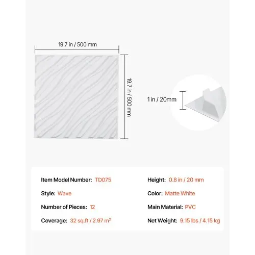 VEVOR 3D-Wandpaneele, 12er-Set, 50x50 cm PVC-Moderne minimalistische Wandverkleidung, 2,97m² Deckkraft, Inneneinrichtung für Schlafzimmer, Wohn- und Spielzimmer, Mattweiß – Bild 6