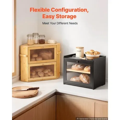 VEVOR Brotkasten mit Acrylfenster 393x262x321 mm Brotbox Bambusholz Schwarz Ideal für Bagels & Muffins, mit Magnetverschluss, Seitenhaken, Belüftungslöchern & 3-Stufig Höhenverstellbarem Einlegeboden – Bild 5