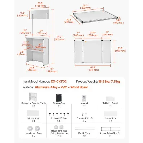 VEVOR Tragbare Messetheke Messetresen, 78,5 × 38 × 181,5 cm Messestand Ausstellungs-Thekenständer, Faltbarer Promotion-Einzelhandels-Bartisch, Rezeption Messestand mit Aufbewahrungsregal, Tragetasche – Bild 3