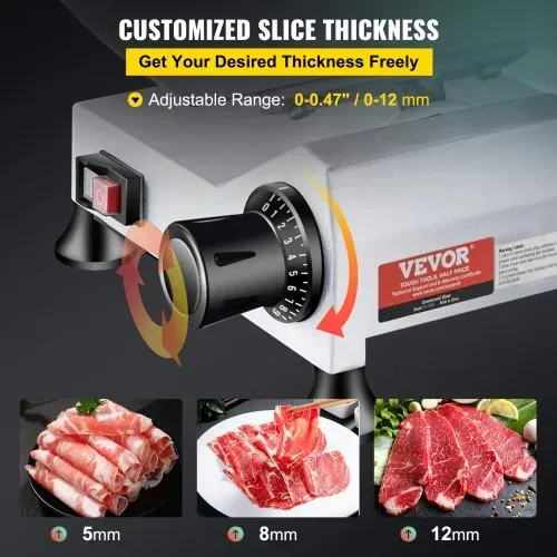 VEVOR Kommerzieller Fleisch Allesschneider 240 W, Elektrische Aufschnittmaschine Lebensmittelschneider mit 25,4 cm-Kohlenstoffstahlklinge, 0–12 mm Einstellbare Dicke für Fleisch, Käse, Gemüse usw. – Bild 3