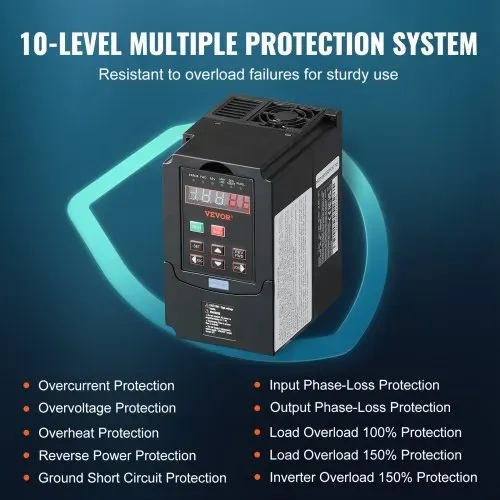 VEVOR Frequenzumrichter VFD 2 PS, 1,5 kW, 7,5 A, 1- oder 3-phasiger 220-V-Eingang auf 3-phasigen 220-V-Ausgang, 40-60-Hz-Eingang, 0-400-Hz-Ausgang, VFD für Spindelmotor-CNC-Drehzahlregelung – Bild 3