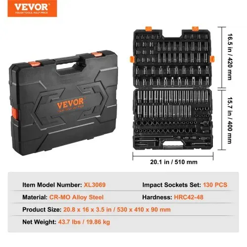 VEVOR Schlagschraubensatz Steckschlüsselsatz 3/8 Zoll & 1/2 Zoll Antrieb 130 tlg. SAE & metrischer Steckschlüsselsatz, 6-Kant Cr-Mo Legierungsstahl für Auto-Reparaturen mit Aufbewahrungskoffer – Bild 6