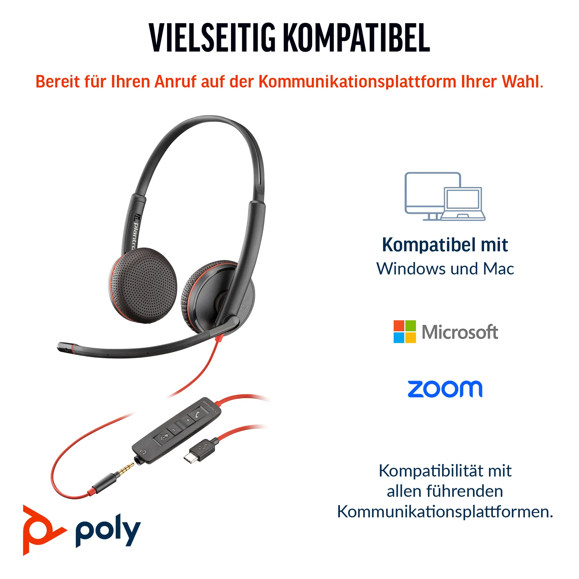 HP Poly Blackwire 3225 Stereo USB-C-Headset +3,5-mm-Stecker +USB-C/A-Adapter (Packungseinheit) – Bild 3