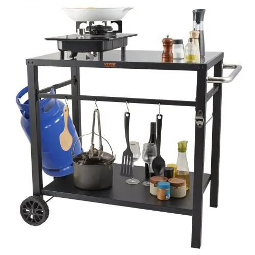 VEVOR Servierwagen Küchenwagen 100 x 64 x 83,5 cm Outdoor-Grill-Esswagen mit Doppelter Ablage, Beweglicher Grilltisch für die Zubereitung von Speisen, Multifunktionale Tischplatte aus Eisen Schwarz – Bild 10