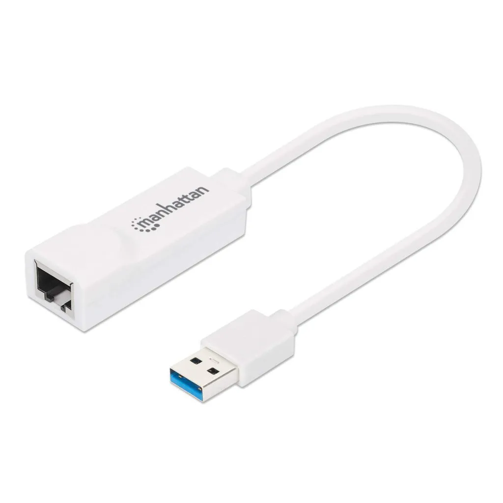 Manhattan USB-A auf Gigabit-Ethernet-Netzwerkadapter, USB 3.2 Gen 1 auf 10/100/1000 Mbit/s Gigabit Ethernet, weiß Manhattan USB-A auf Gigabit-Ethernet-Netzwerkadapter, USB 3.2 Gen 1 auf 10/100/1000 Mbit/s Gigabit Ethernet, weiß