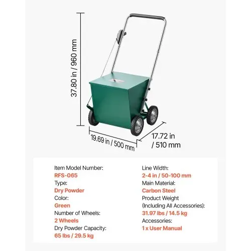VEVOR Markierwagen Linien-Markiergerät Trocken 29,5 kg Pulverkapazität Grün, für Rasenfläche Feld & Sportplatz, Stahlkonstruktion, 50-100 mm Einstellbare Linienbreite, Klare & Gleichmäßige Markierung – Bild 6
