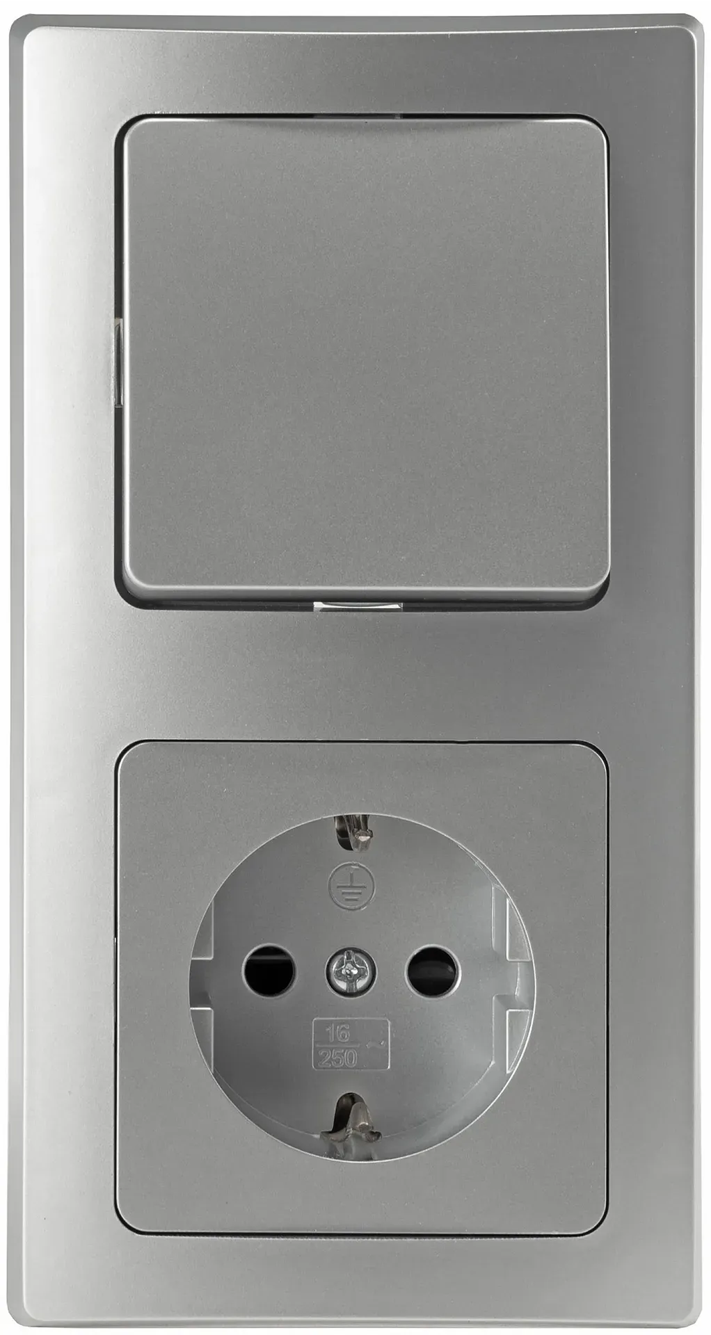 DELPHI Set Steckdose + Schalter + Rahmen 250V~/ 16A, Steckanschluss, silber DELPHI Set Steckdose + Schalter + Rahmen 250V~/ 16A, Steckanschluss, silber