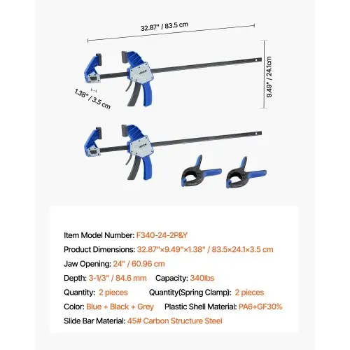 VEVOR Stangenklemmen für Holzbearbeitung 2 Stk. 60,96 cm Öffnung, Quick-Grip F-Klemme mit 154 kg Belastungsgrenze, 84,6 mm Tiefe, Klemmen Set aus Kunststoff & Karbonstahl, Metallbearbeitung – Bild 6
