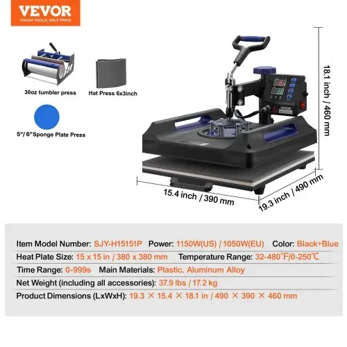 VEVOR Hitzepresse, 15 x 15 Zoll, 5-in-1-Wärmeübertragungsmaschine mit 30-oz-Tumbler-Presse, 360° wegschwenkbares digitales T-Shirt-Pressen, Teflonbeschichtung, für T-Shirts/Tassen/Hüte/Teller, Schwarz+Blau – Bild 6