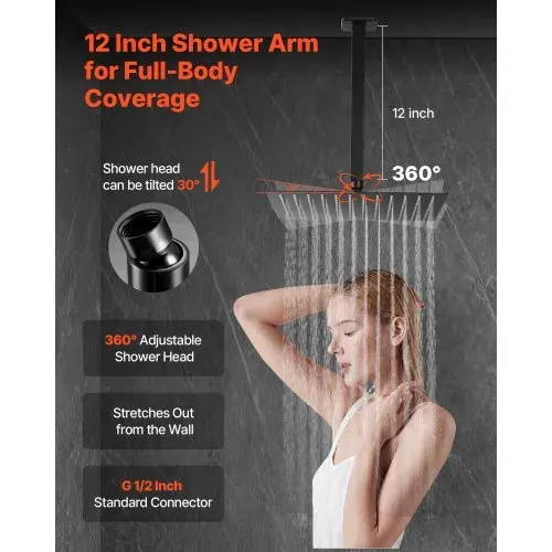 VEVOR Duscharmatur Regenduschsystem fürs Badezimmer Duschsystem mit 305 mm quadratischen Regenduschkopf & Handbrause, wandmontierte Badezimmerarmaturen mit Messingventil & Zierset, Mattschwarz – Bild 3