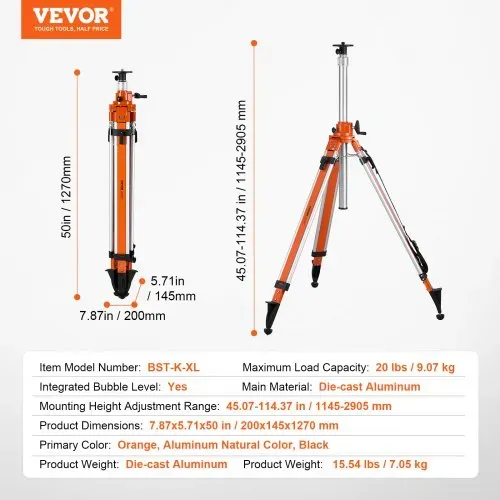 VEVOR Laser-Wasserwaagen-Stativ, 5/8"-11-Gewindehalterung, 45,07-114,37 Zoll Höhenverstellung, robustes Vermessungsstativ, mit Wasserwaage und Diffusionsbegrenzer, anhebbare, rutschfeste Füße für den Bau – Bild 6