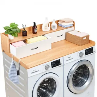 VEVOR Arbeitsplatte für Waschmaschine und Trockner (137 x 69,9 cm) mit Ablage & 2 Schubladen & Haken, Geeignet für Wäscheschrank Speisekammer Küchentheke, 113 kg Belastbar, Natürlicher Holzton VEVOR Arbeitsplatte für Waschmaschine und Trockner (137 x 69,9 cm) mit Ablage & 2 Schubladen & Haken, Geeignet für Wäscheschrank Speisekammer Küchentheke, 113 kg Belastbar, Natürlicher Holzton
