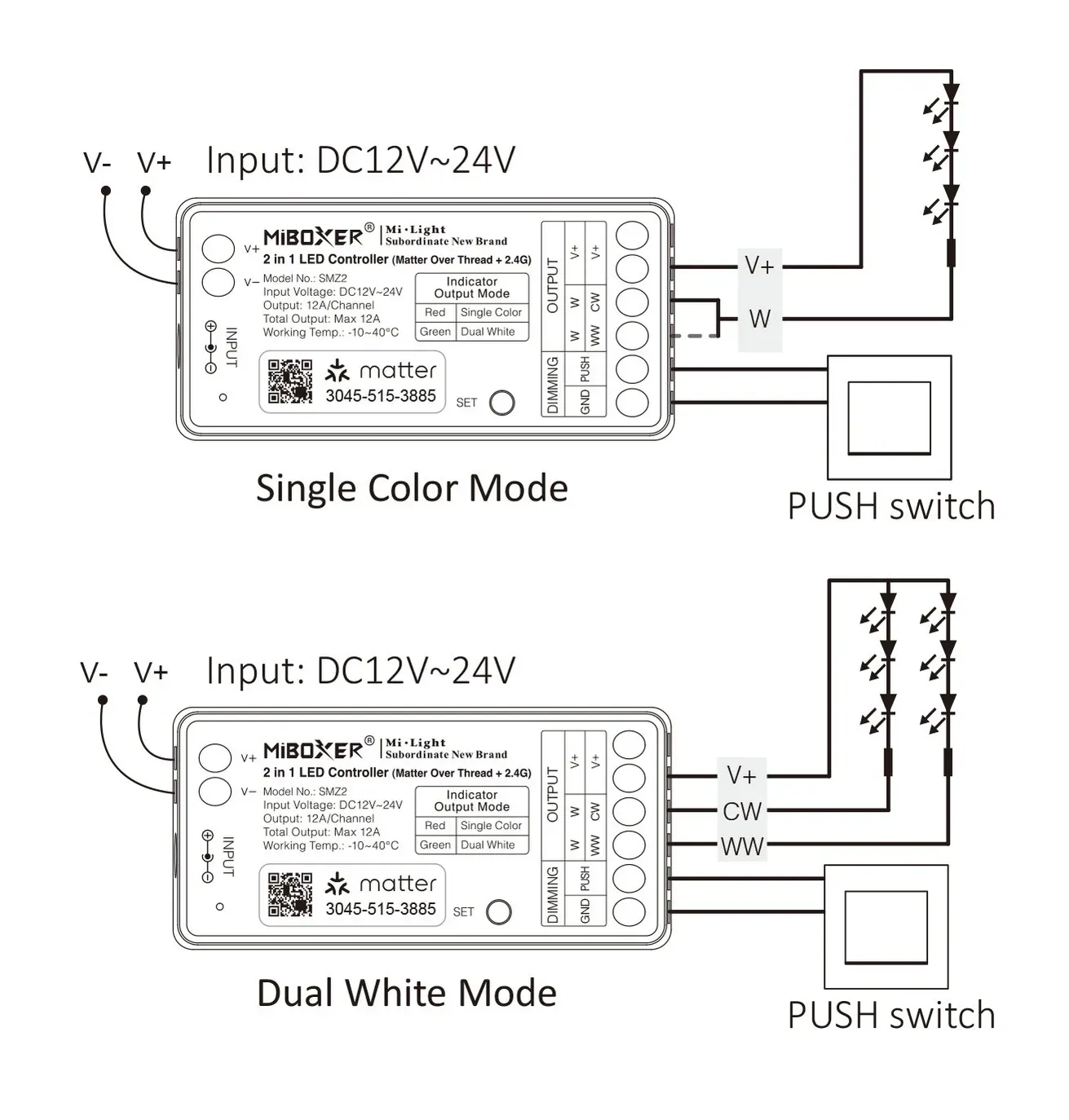 MiBoxer SM2 LED Controller Matter-Serie 2in1 Single colour/CCT(dual white) dim DC12/24V Matter Over Thread+2.4GHz – Bild 7