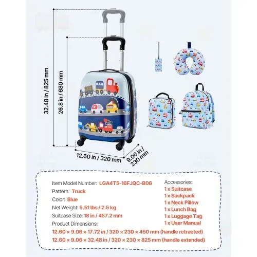 VEVOR 5 tlg. Kinderkoffer Set, 457,2 mm, Hartschalenkoffer mit Kindertrolley, Rucksack, Nackenkissen, Lunchbox & Kofferanhänge, Kofferset fürJungen & Mädchen, praktisch für Reisen Fliegen (Autos) – Bild 6