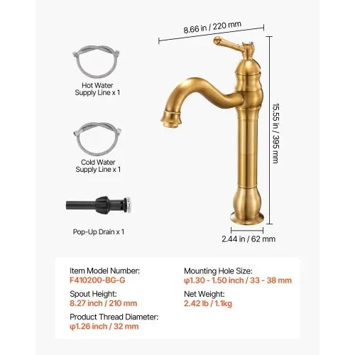 VEVOR Einhebelwaschtischarmatur Wasserhahn mit Druckknopfablauf, Waschbeckenarmatur Küchenwasserarmaturen Waschtischhahn, Einhebelmischer für Badezimmer Wohnmobil Waschbecken Messinggehäuse – Bild 6