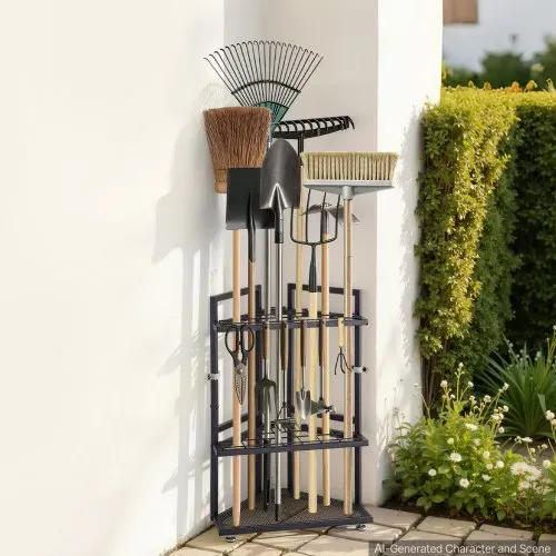 VEVOR Gartengeräte Ständer 410x275x610mm Gerätehalter für Ecke Schwarz, Aufbewahrungsregal für Garage Garten, Organizer aus Stahl für Besen Mopp Rechen, mit Doppelschichtschlitzen & Nivellierfüßen – Bild 7