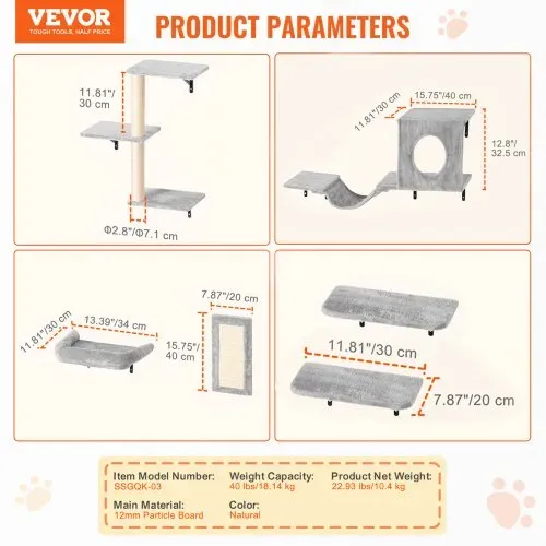 VEVOR Katzenregale zur Wandmontage, Katzenwandregale und Sitzstangen mit Sprungbrettern, Hängematte, Sofa, Katzenbaum & Katzengriff, Katzenmöbel und Regale bis zu 18 kg zum Schlafen, Spielen, Klettern, 6er-Set – Bild 6