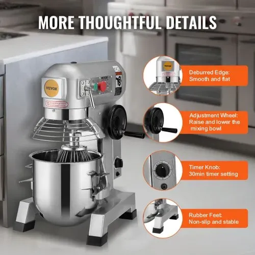 VEVOR Kommerzieller Küchenmixer, 18,7 l kommerzieller Standmixer mit 3 einstellbaren Geschwindigkeiten, 1100 W Teigmixer mit Edelstahlschüssel und 3 Mixaufsätzen, ideal für Restaurant, Bäckerei, Konditorei, Café – Bild 5