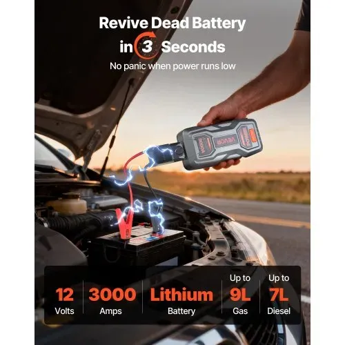 VEVOR Starthilfe Powerbank, Starthilfegerät 3000A Spitzenstrom mit LED-Taschenlampe & Kabel für Motor bis zu 9L Benzin/7L Diesel, Tragbarer Booster mit Schnellladung & Sicherheitsschutz für Notfall VEVOR Starthilfe Powerbank, Starthilfegerät 3000A Spitzenstrom mit LED-Taschenlampe & Kabel für Motor bis zu 9L Benzin/7L Diesel, Tragbarer Booster mit Schnellladung & Sicherheitsschutz für Notfall