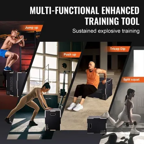 VEVOR 3-in-1-Plyometrische Sprungbox 24/20/16-Zoll-Plyobox, Sprungkasten Sprungkiste 204 kg Tragfähigkeit, Fitnessübungs-Step-Up-Box für Heimtraining, Sprungkrafttraining Schwarz Einstellbare Höhe – Bild 4