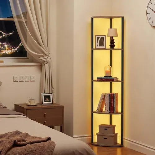 VEVOR Eckregal mit 5 Ebenen, hoher Eckständer mit LED-Licht, Displayregal Lagerregal mit Metallrahmen und Holzregalen, Standregal Ausstellungsbücherregal für Schlafzimmer Wohnzimmer Büro Braun – Bild 7